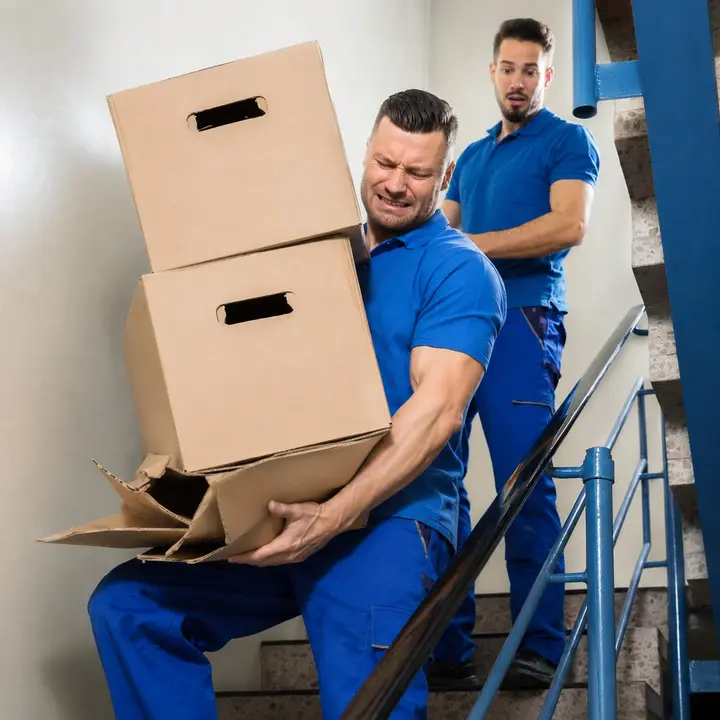 A mover wincing as the bottom of a cardboard box gives out on the stairs