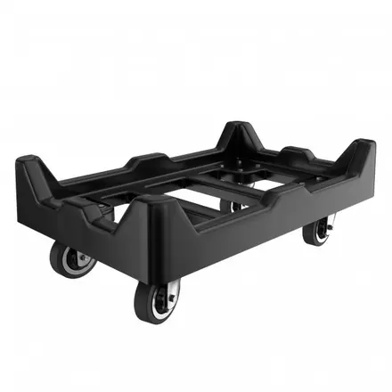 A four-wheeled tote dolly with molded cradles for stacked totes