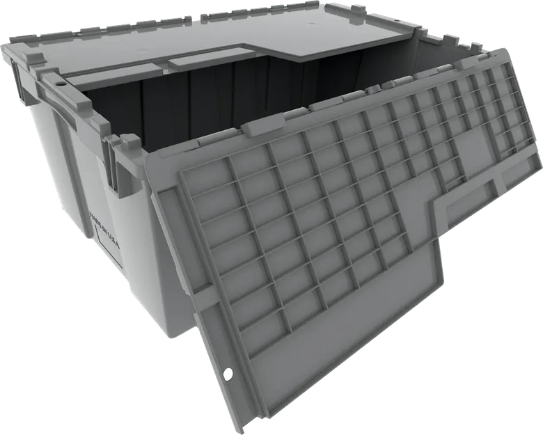 The rental tote: a gray attached-lid container, 27 by 17 by 12 inches