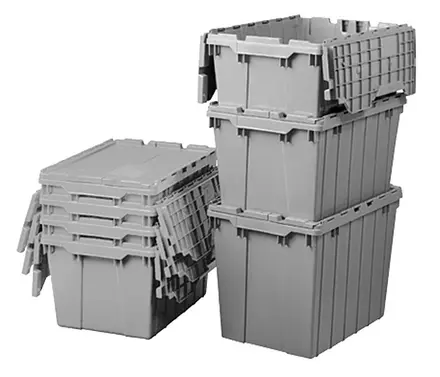 Stacks of gray reusable moving totes with attached lids